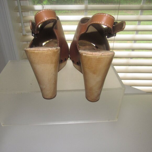SAM EDELMAN Camilla Brown Leather Wood Wedge Sandals Shoes Size 9.5M - Picture 3 of 6